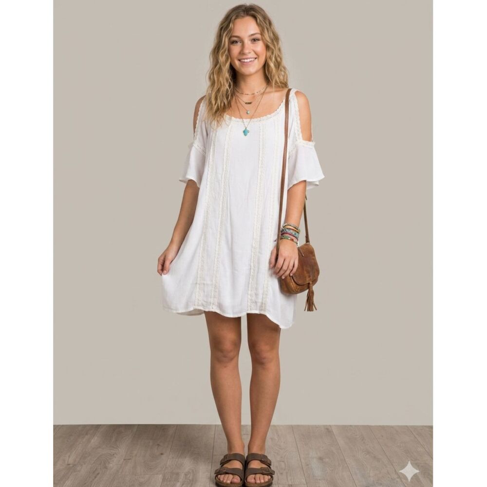 NWT New York & Co White Lace Boho Shift Dress L Gauze Off Shoulder Festival Chic